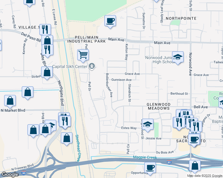 map of restaurants, bars, coffee shops, grocery stores, and more near 4465 Bollenbacher Avenue in Sacramento
