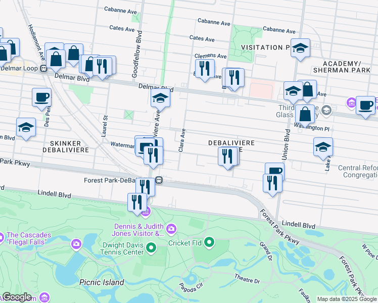 map of restaurants, bars, coffee shops, grocery stores, and more near 5604 Waterman Boulevard in St. Louis
