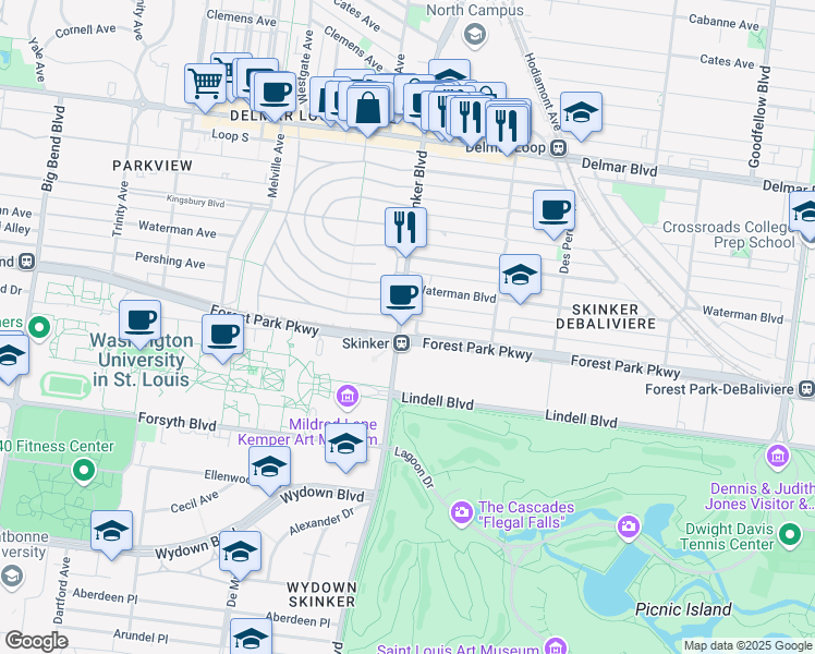 map of restaurants, bars, coffee shops, grocery stores, and more near 276 North Skinker Boulevard in Saint Louis