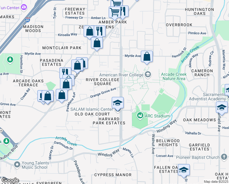 map of restaurants, bars, coffee shops, grocery stores, and more near 4823 Graduate Lane in Sacramento