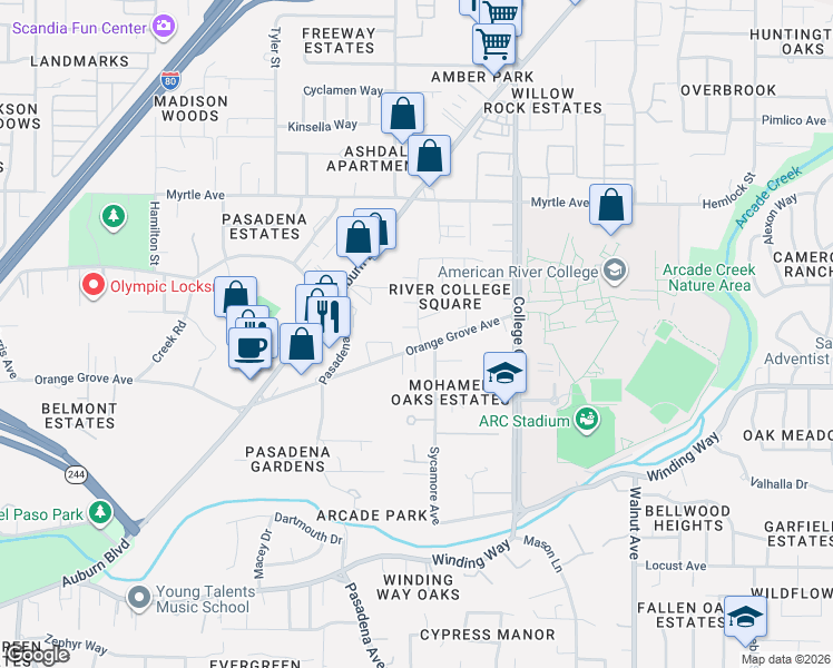 map of restaurants, bars, coffee shops, grocery stores, and more near 4710 Orange Grove Avenue in Sacramento