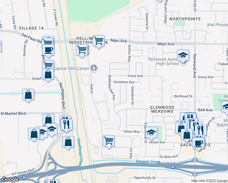 map of restaurants, bars, coffee shops, grocery stores, and more near 4465 Bollenbacher Avenue in Sacramento