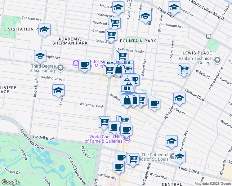 map of restaurants, bars, coffee shops, grocery stores, and more near 4946 McPherson Avenue in St. Louis