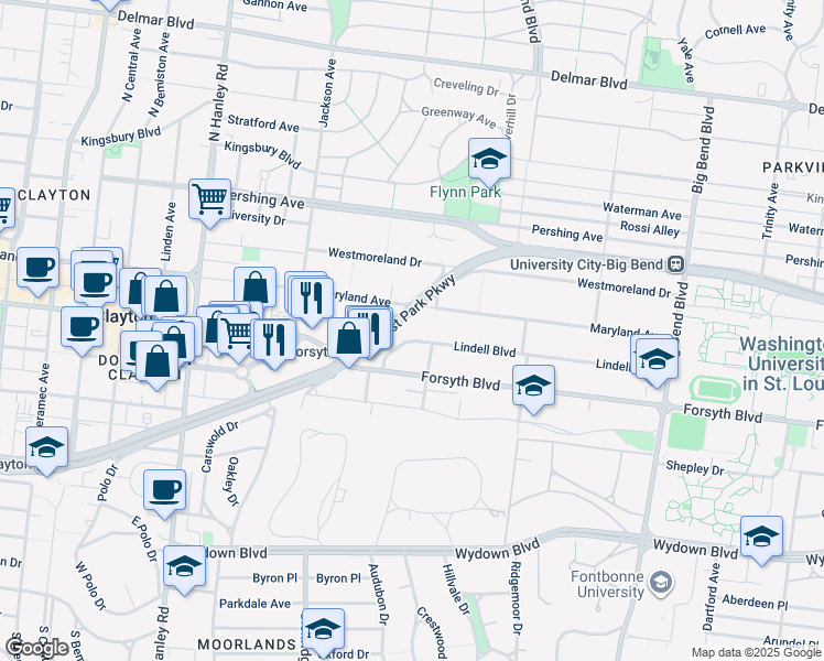 map of restaurants, bars, coffee shops, grocery stores, and more near 7312 Lindell Boulevard in University City