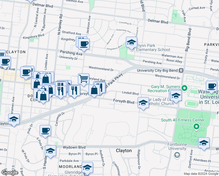 map of restaurants, bars, coffee shops, grocery stores, and more near 7312 Lindell Boulevard in University City