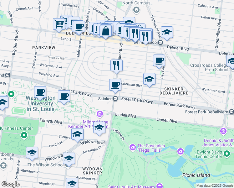 map of restaurants, bars, coffee shops, grocery stores, and more near 276 North Skinker Boulevard in Saint Louis