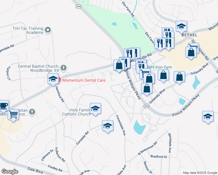 map of restaurants, bars, coffee shops, grocery stores, and more near 14094 Madrigal Drive in Woodbridge