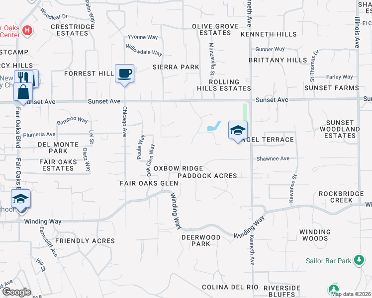 map of restaurants, bars, coffee shops, grocery stores, and more near 4580 Oxbow Ridge Place in Fair Oaks
