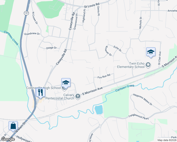 map of restaurants, bars, coffee shops, grocery stores, and more near 15 Woodbine Court in Collinsville