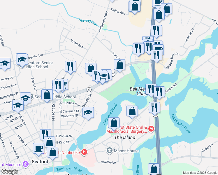 map of restaurants, bars, coffee shops, grocery stores, and more near Little League Drive in Seaford