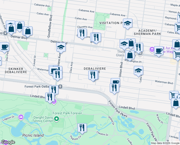 map of restaurants, bars, coffee shops, grocery stores, and more near 5518 Waterman Boulevard in St. Louis