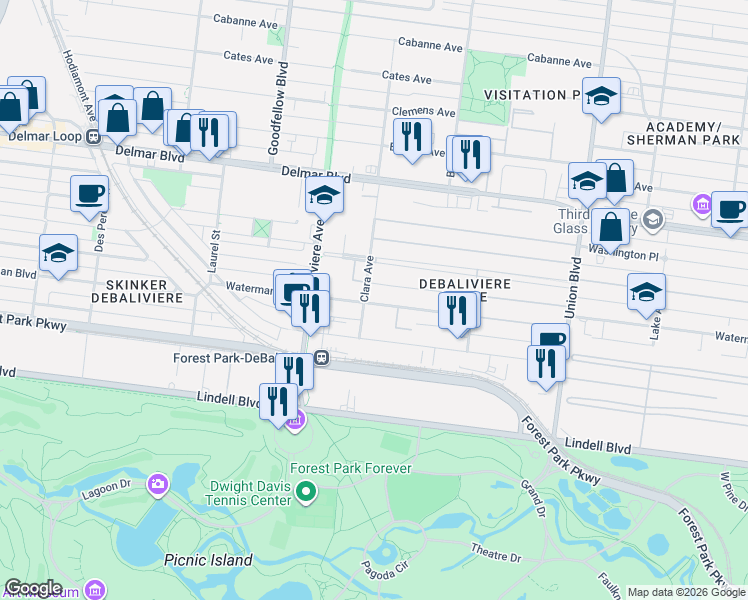 map of restaurants, bars, coffee shops, grocery stores, and more near 5604 Waterman Boulevard in St. Louis