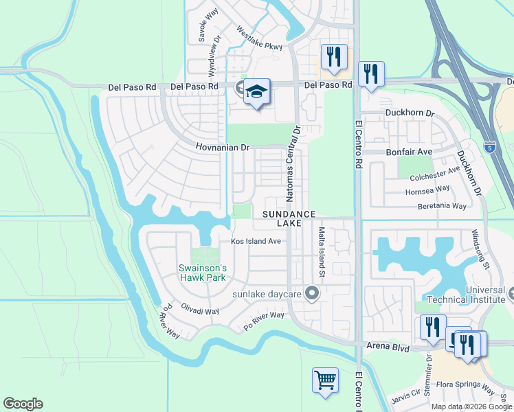 map of restaurants, bars, coffee shops, grocery stores, and more near 3801 Lake Katie Way in Sacramento