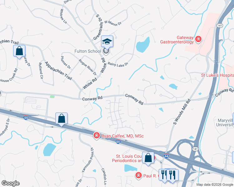 map of restaurants, bars, coffee shops, grocery stores, and more near 402 Conway Meadows Drive in Chesterfield