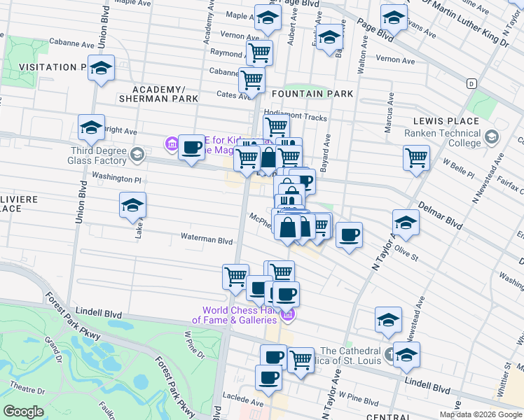map of restaurants, bars, coffee shops, grocery stores, and more near 4946 McPherson Avenue in St. Louis