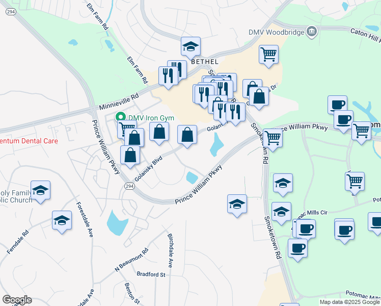 map of restaurants, bars, coffee shops, grocery stores, and more near 3211 Golansky Boulevard in Woodbridge