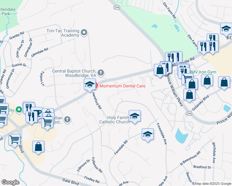 map of restaurants, bars, coffee shops, grocery stores, and more near 13970 Englefield Drive in Woodbridge