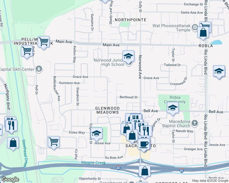 map of restaurants, bars, coffee shops, grocery stores, and more near 4548 Austin Street in Sacramento