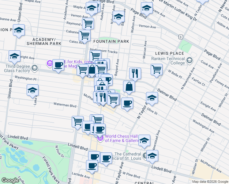 map of restaurants, bars, coffee shops, grocery stores, and more near 4747 Washington Boulevard in St. Louis