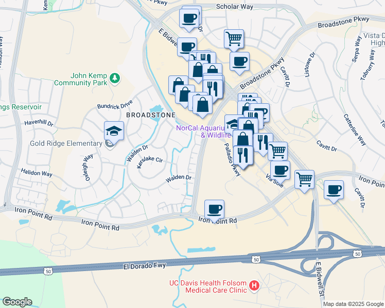map of restaurants, bars, coffee shops, grocery stores, and more near 1382 Broadstone Parkway in Folsom