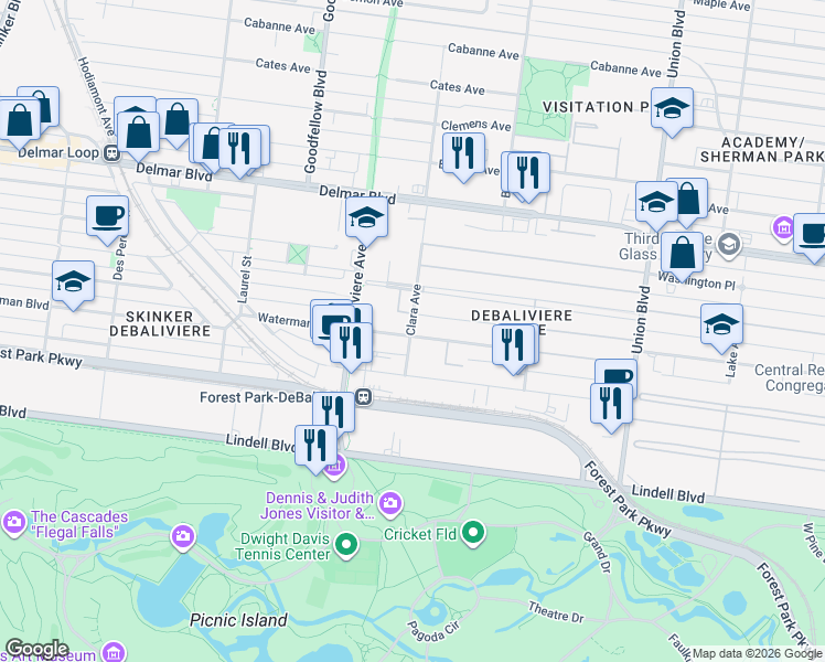 map of restaurants, bars, coffee shops, grocery stores, and more near 60 Kingsbury Place in St. Louis