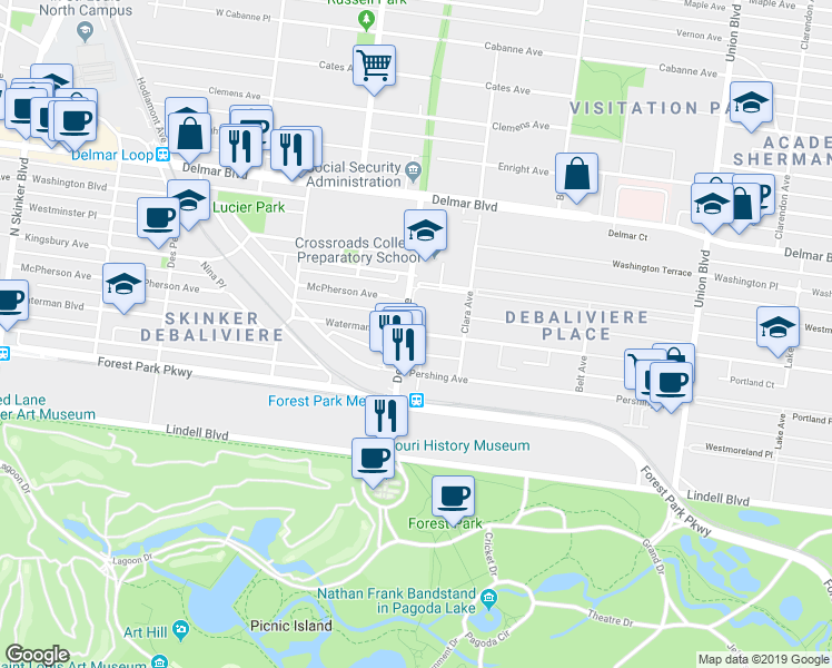 map of restaurants, bars, coffee shops, grocery stores, and more near Waterman Boulevard in St. Louis