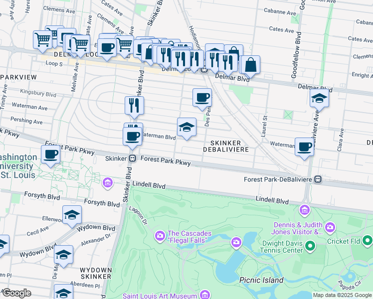 map of restaurants, bars, coffee shops, grocery stores, and more near 6031 Waterman Boulevard in St. Louis