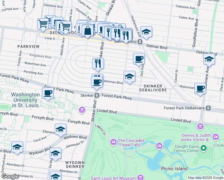 map of restaurants, bars, coffee shops, grocery stores, and more near 6146 Waterman Boulevard in St. Louis