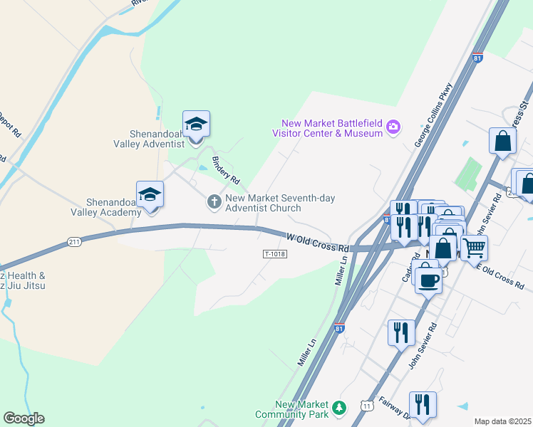 map of restaurants, bars, coffee shops, grocery stores, and more near 9530 Shenandoah Drive in New Market