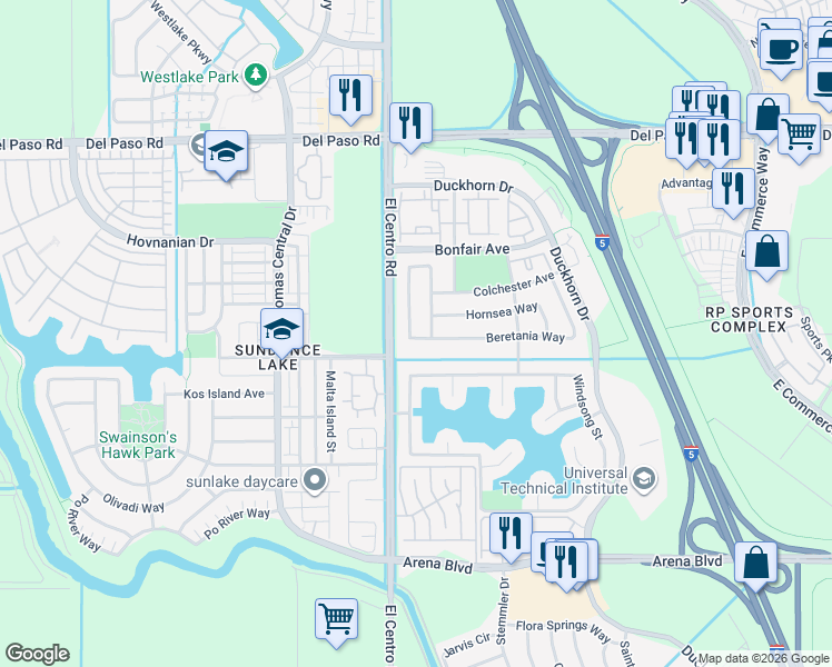 map of restaurants, bars, coffee shops, grocery stores, and more near 401 Aldeburgh Circle in Sacramento