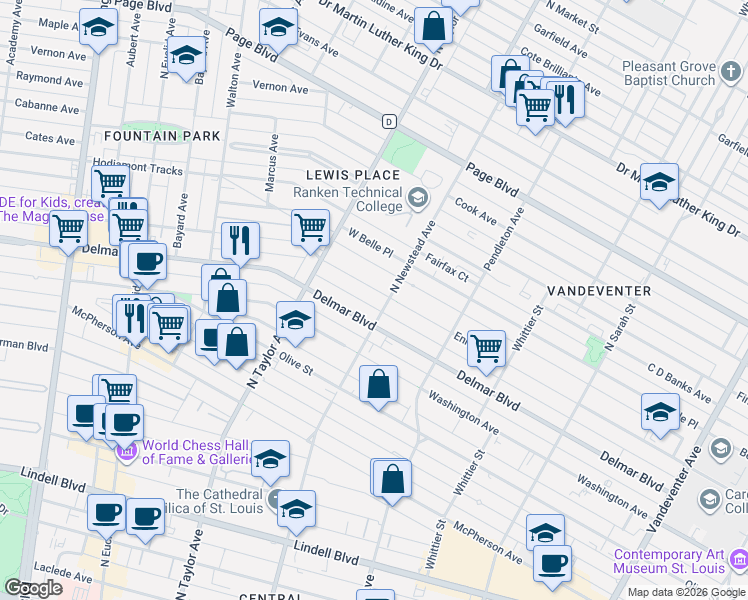 map of restaurants, bars, coffee shops, grocery stores, and more near in St. Louis