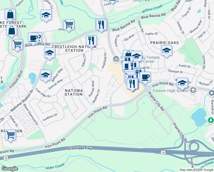 map of restaurants, bars, coffee shops, grocery stores, and more near 1003 Ferry Circle in Folsom