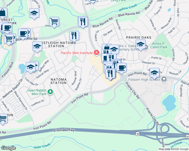 map of restaurants, bars, coffee shops, grocery stores, and more near 1401 Ferry Circle in Folsom