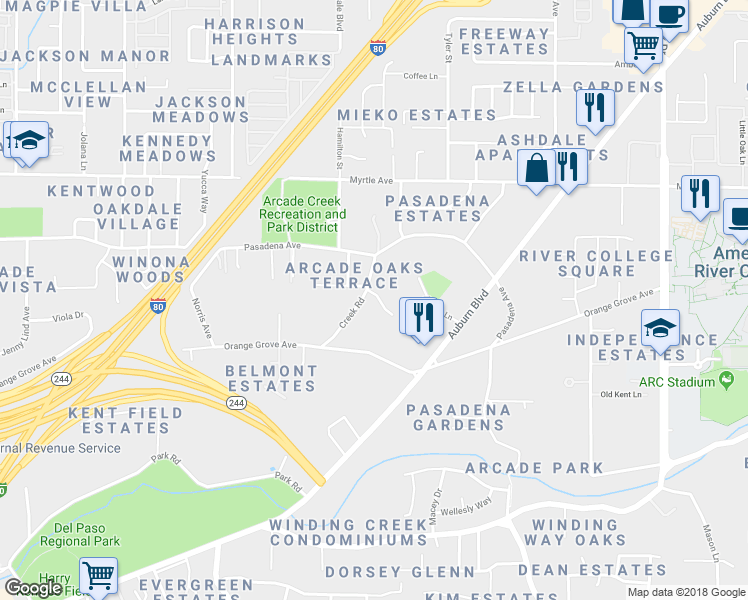 map of restaurants, bars, coffee shops, grocery stores, and more near 4306 Garden Oak Court in Sacramento