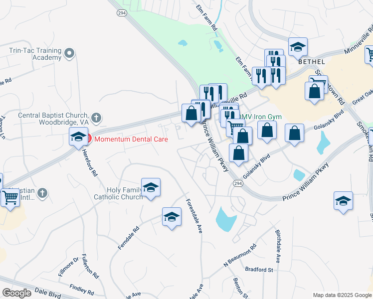 map of restaurants, bars, coffee shops, grocery stores, and more near 14063 Madrigal Drive in Woodbridge