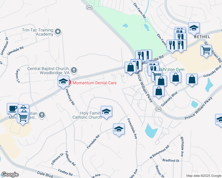 map of restaurants, bars, coffee shops, grocery stores, and more near 14035 Madrona Lane in Dale City