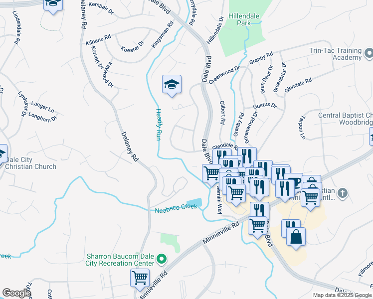 map of restaurants, bars, coffee shops, grocery stores, and more near 4508 Glendale Road in Woodbridge