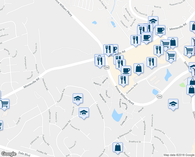 map of restaurants, bars, coffee shops, grocery stores, and more near 14059 Madrigal Drive in Woodbridge