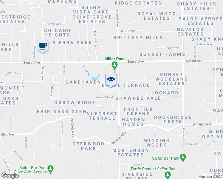 map of restaurants, bars, coffee shops, grocery stores, and more near 4623 Kenneth Avenue in Fair Oaks
