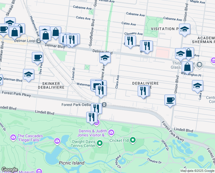 map of restaurants, bars, coffee shops, grocery stores, and more near 5660 Kingsbury Place in St. Louis