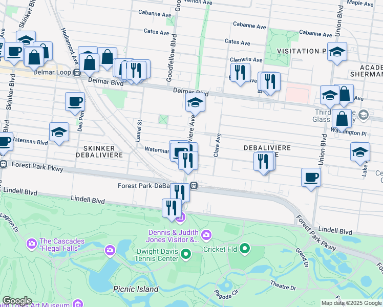 map of restaurants, bars, coffee shops, grocery stores, and more near 5706 McPherson Avenue in St. Louis