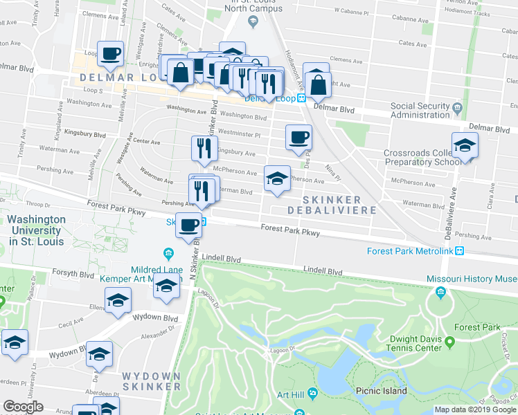 map of restaurants, bars, coffee shops, grocery stores, and more near in St. Louis