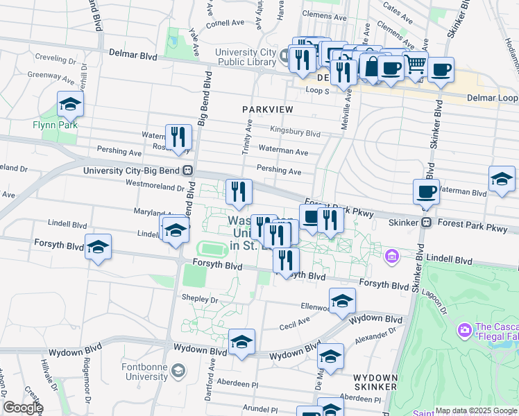 map of restaurants, bars, coffee shops, grocery stores, and more near 6902 Forest Park Parkway in St. Louis
