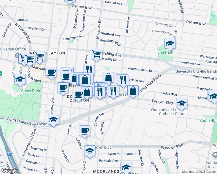 map of restaurants, bars, coffee shops, grocery stores, and more near 15 Lee Avenue in Clayton