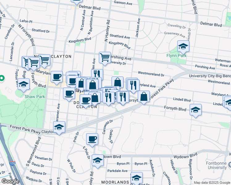 map of restaurants, bars, coffee shops, grocery stores, and more near 15 Lee Avenue in Clayton