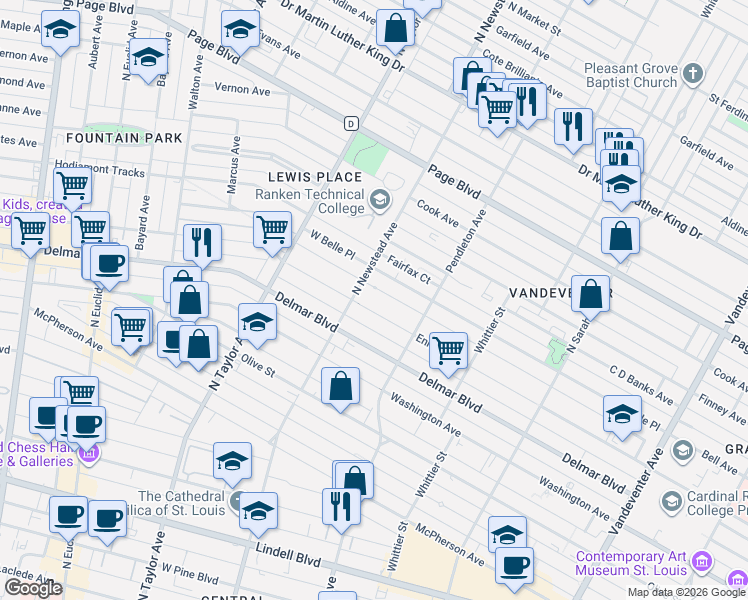 map of restaurants, bars, coffee shops, grocery stores, and more near 934 North Newstead Avenue in St. Louis