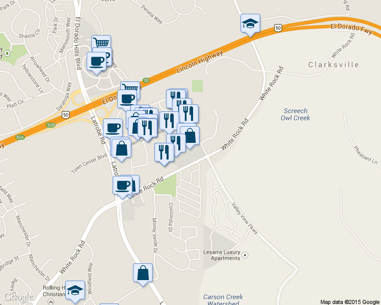 map of restaurants, bars, coffee shops, grocery stores, and more near 4400 Town Center Boulevard in El Dorado Hills
