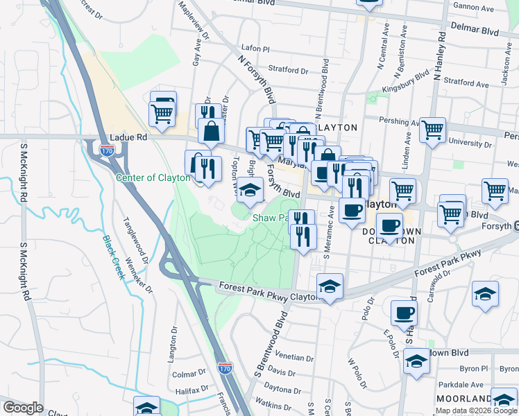 map of restaurants, bars, coffee shops, grocery stores, and more near 8251 Parkside Drive in Clayton