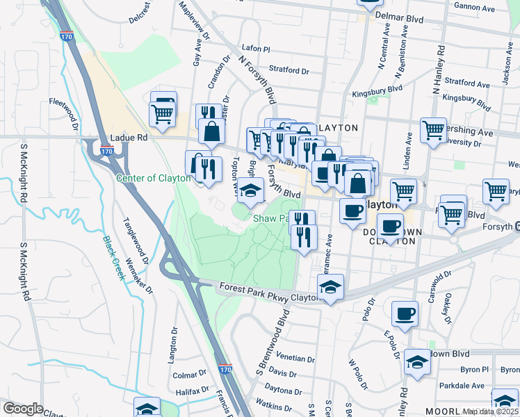 map of restaurants, bars, coffee shops, grocery stores, and more near 8223 Parkside Drive in Clayton