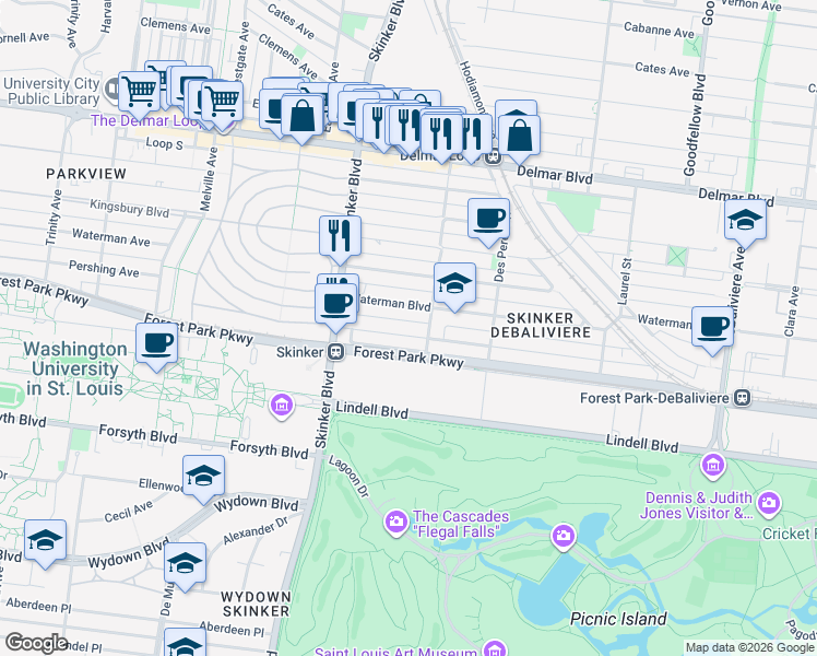 map of restaurants, bars, coffee shops, grocery stores, and more near 6117 Pershing Avenue in St. Louis